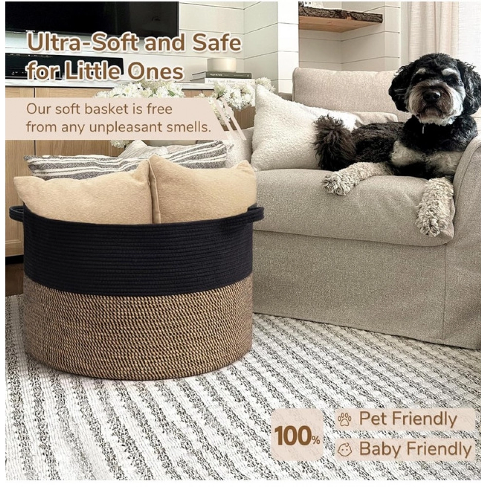 Generic Cotton 16x14 Inch Pack of 1 Storage Basket For Clothes (Black- Beige Black) - Image 3