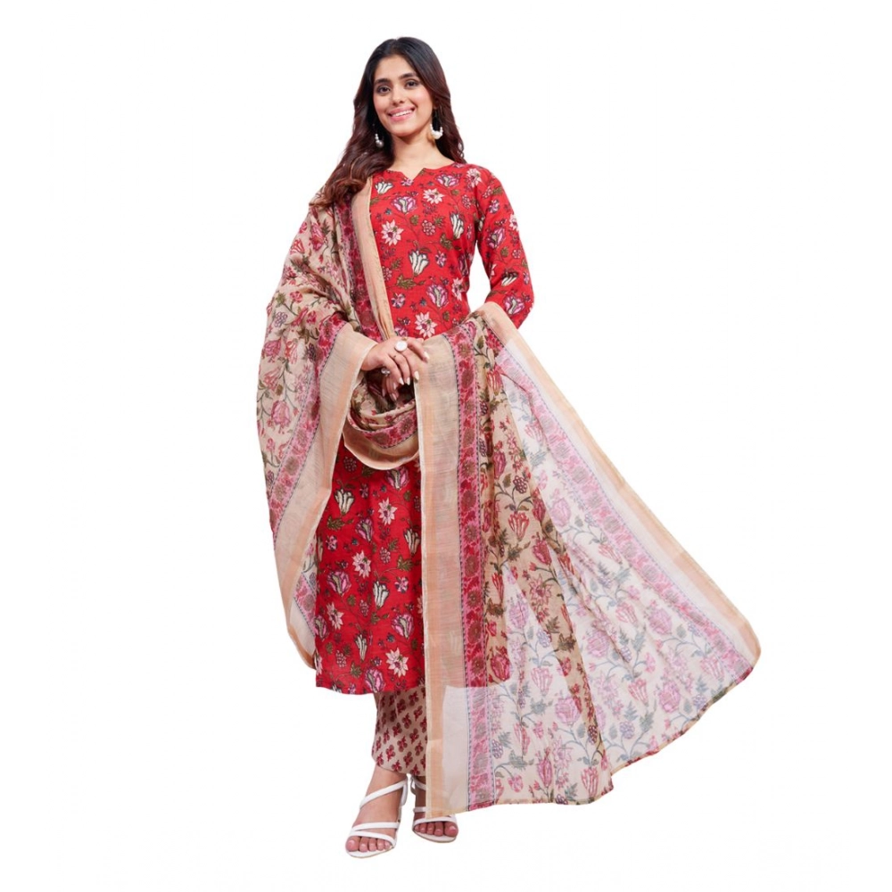 Generic Women’s Cotton Blend Printed Kurti With Pant Dupatta Set (Red)