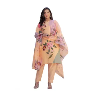 Generic Women's Cotton Blend Printed Kurti With Pant Dupatta Set (Orange)