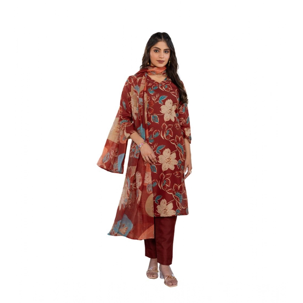Generic Women’s Cotton Blend Printed Kurti With Pant Dupatta Set (Rust)