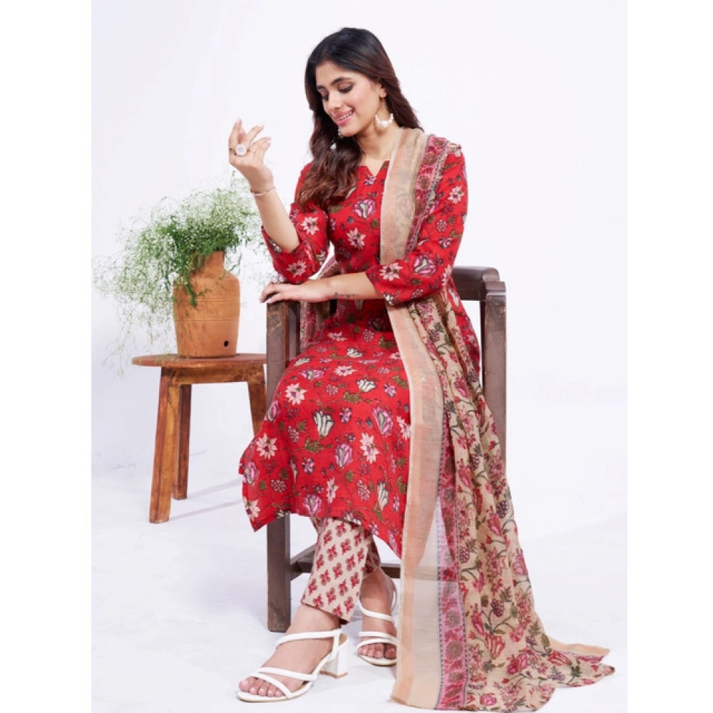 Generic Women's Cotton Blend Printed Kurti With Pant Dupatta Set (Red) - Image 4