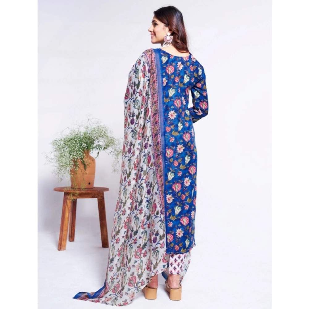 Generic Women's Cotton Blend Printed Kurti With Pant Dupatta Set (Blue) - Image 4