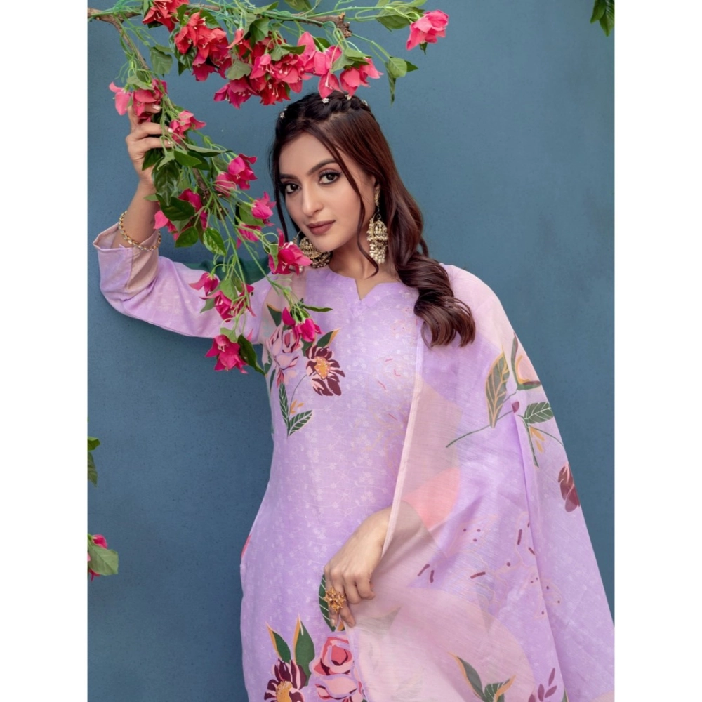 Generic Women's Cotton Blend Printed Kurti With Pant Dupatta Set (Lavender) - Image 3