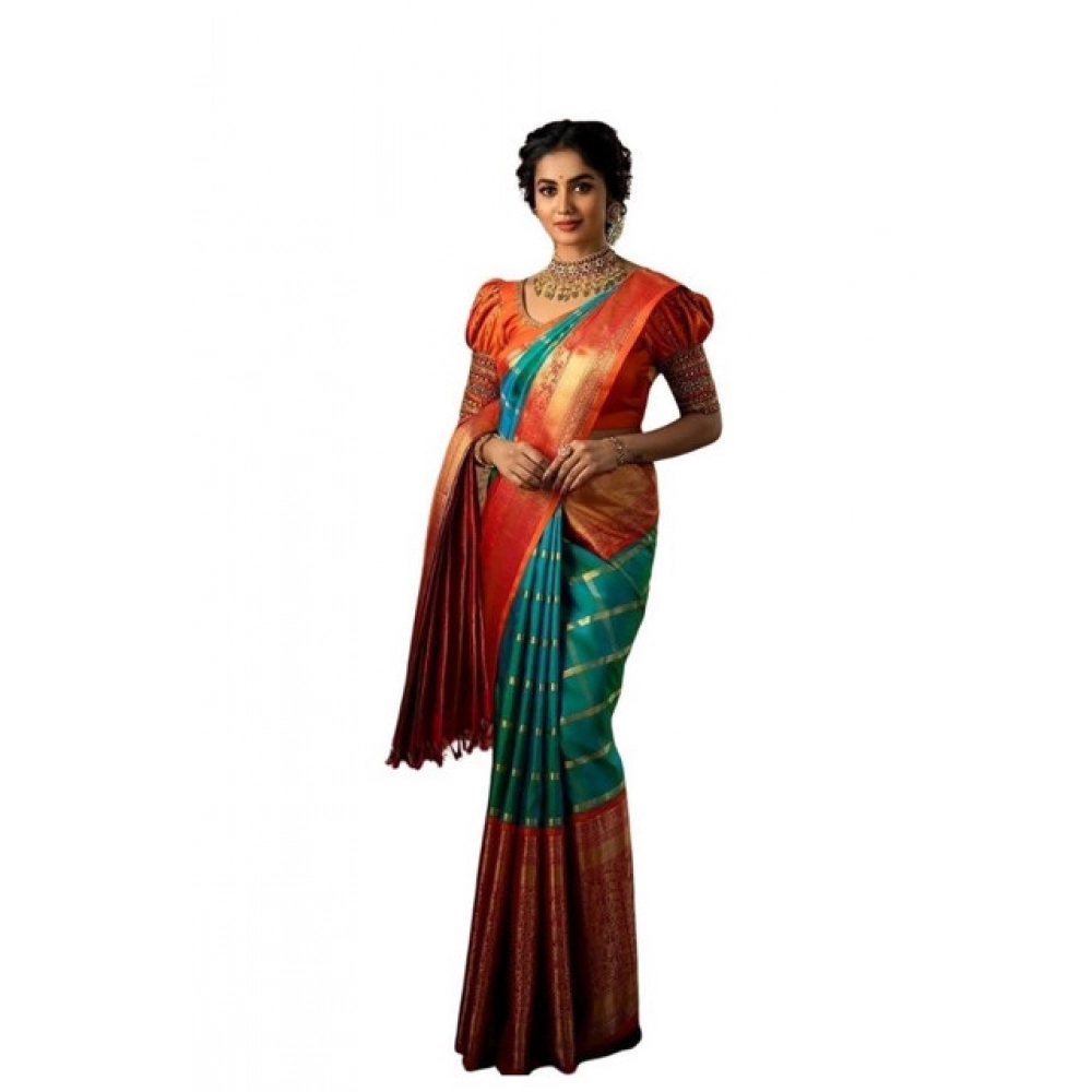 Generic Women’s Soft Lichi Silk Printed Saree With Unstitched Blouse 5.5Mtr (Green)