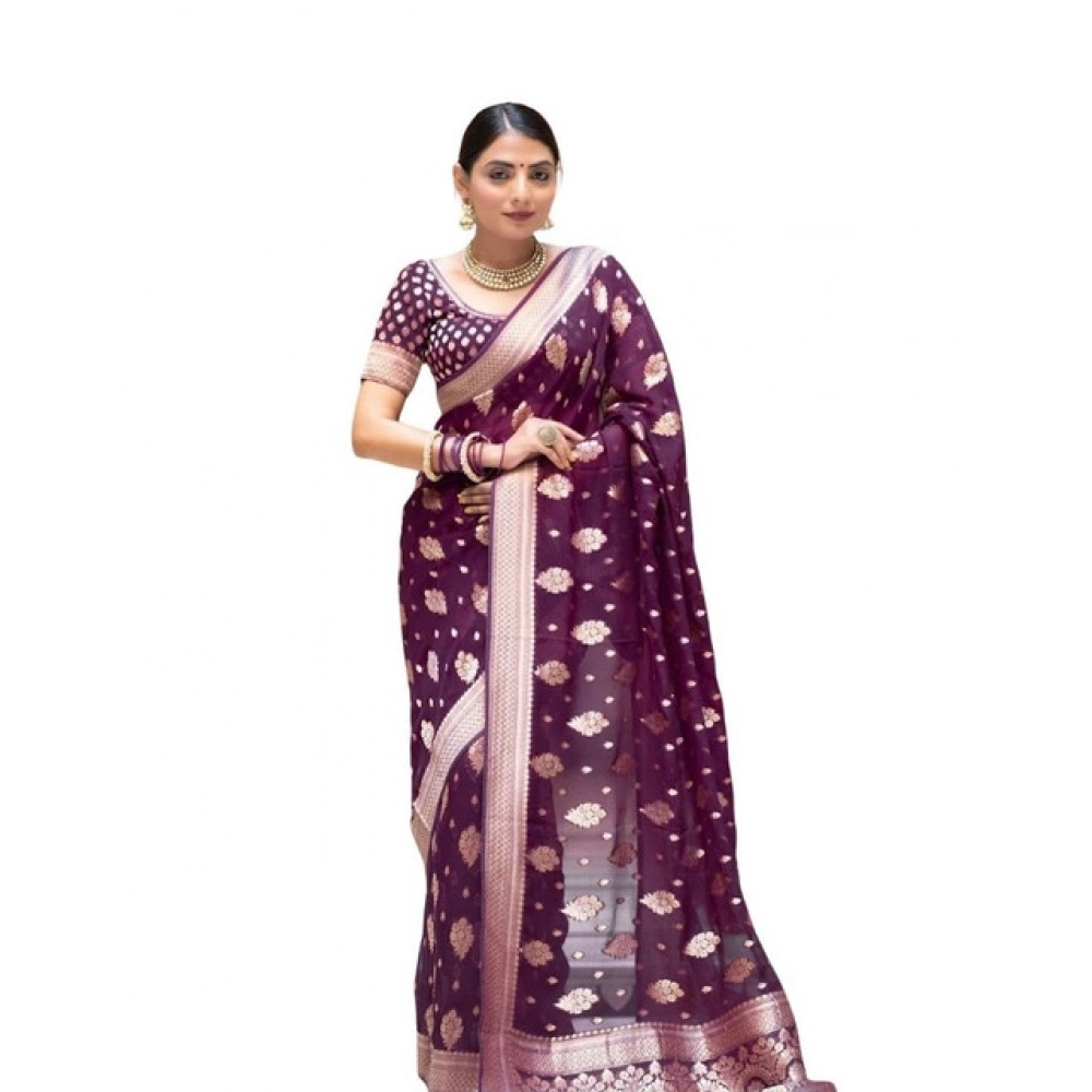 Generic Women’s Soft Lichi Silk Printed Saree With Unstitched Blouse 5.5Mtr (Purple)
