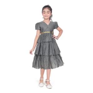 Generic Girl's Artificial Silk Striped Short Sleeve V Neck Dress (Grey)