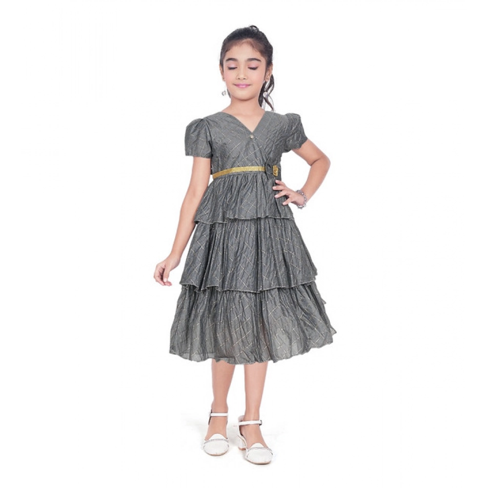 Generic Girl’s Artificial Silk Striped Short Sleeve V Neck Dress (Grey)