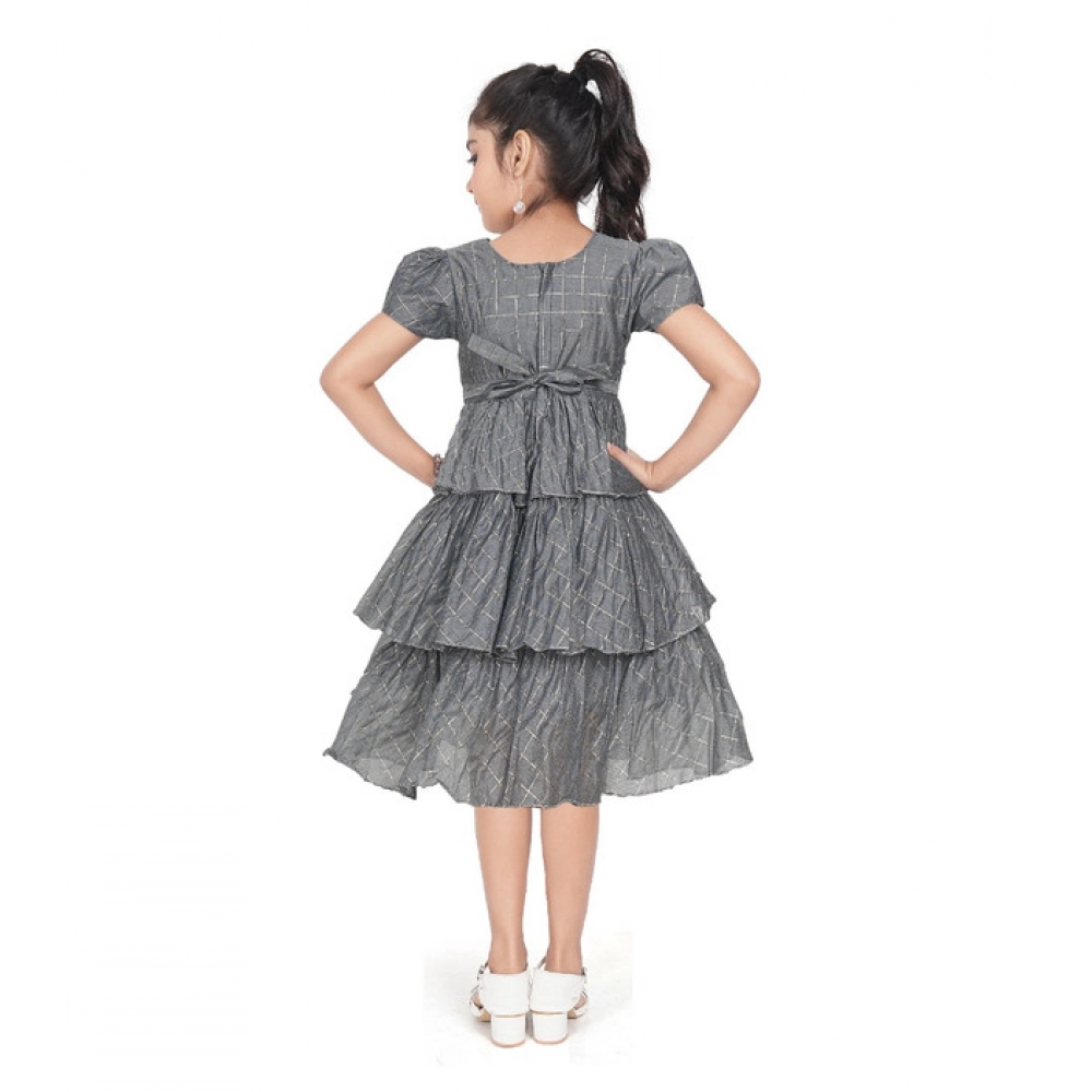 Generic Girl's Artificial Silk Striped Short Sleeve V Neck Dress (Grey) - Image 3