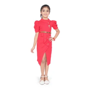 Generic Girl's Cotton Lycra Soild Short Sleeve Close Neck Dress (Pink)
