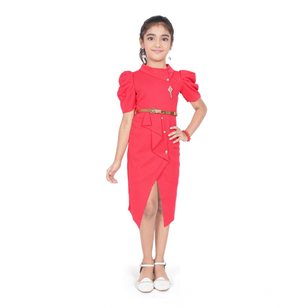 Generic Girl's Cotton Lycra Soild Short Sleeve Close Neck Dress (Pink)