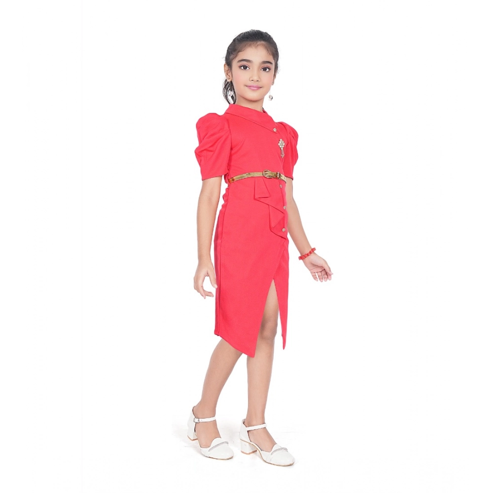 Generic Girl's Cotton Lycra Soild Short Sleeve Close Neck Dress (Pink) - Image 3