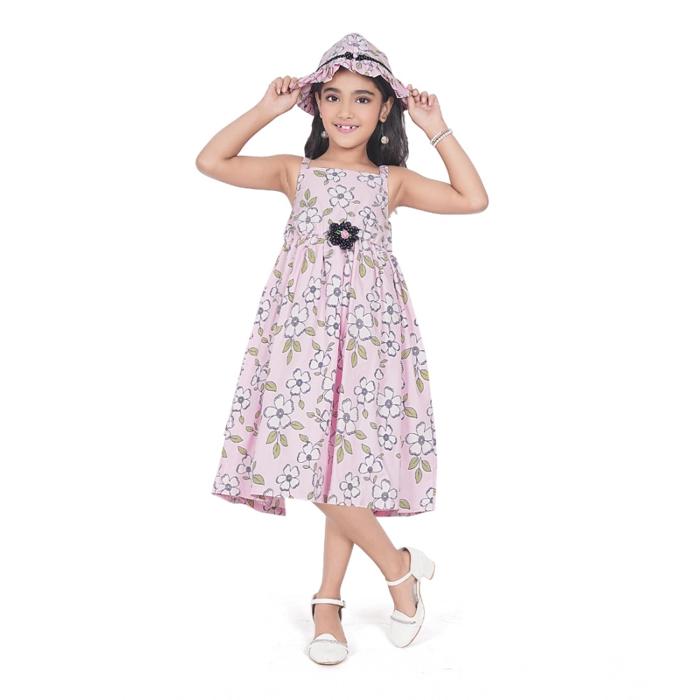 Generic Girl’s Cotton Printed Sleeve Less Round Neck Dress (Pink)