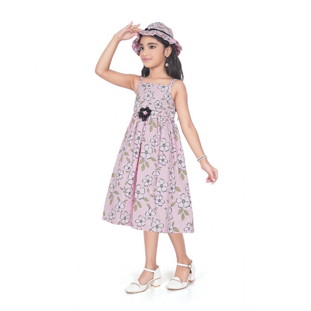 Generic Girl's Cotton Printed Sleeve Less Round Neck Dress (Pink) - Image 4