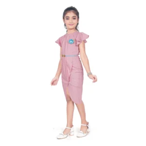 Generic Girl's Knitted Striped Short Sleeve Close Neck Dress (Pink)