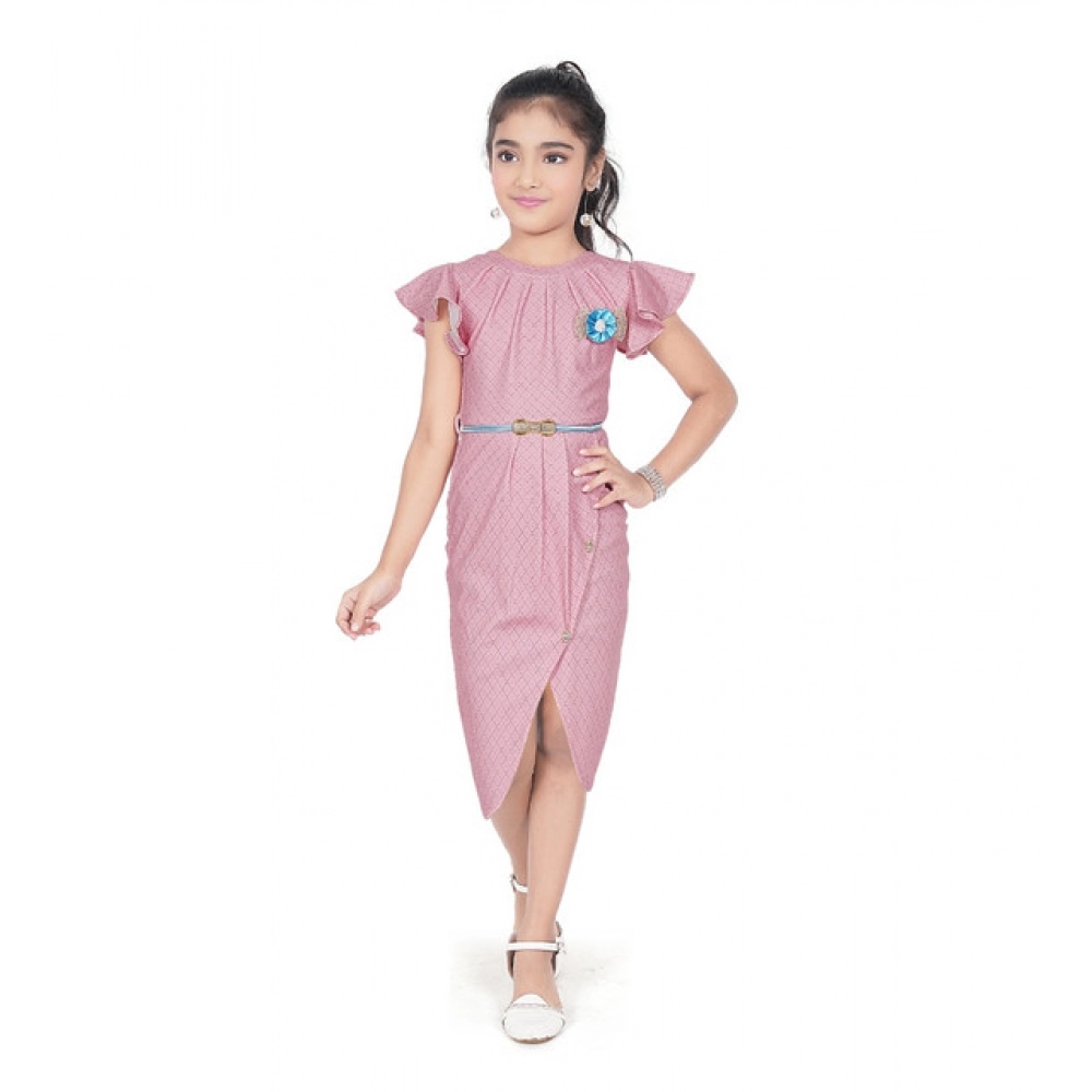 Generic Girl's Knitted Striped Short Sleeve Close Neck Dress (Pink) - Image 4