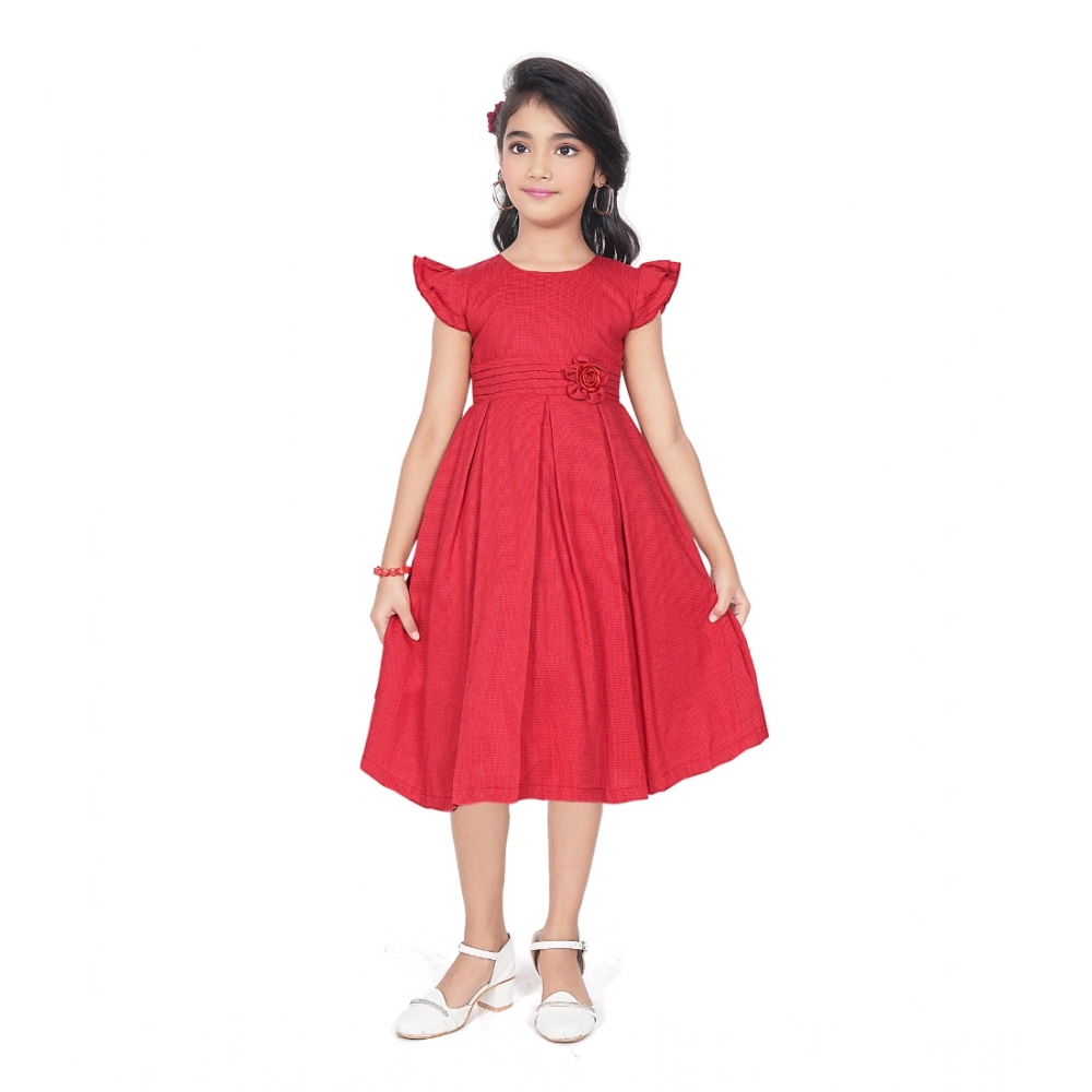 Generic Girl’s Rayon Soild Short Sleeve Round Neck Dress (Red)