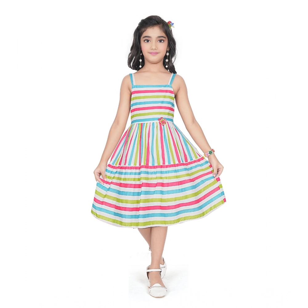 Generic Girl’s Cotton Striped Sleeve Less Squre Neck Dress (Multicolor)