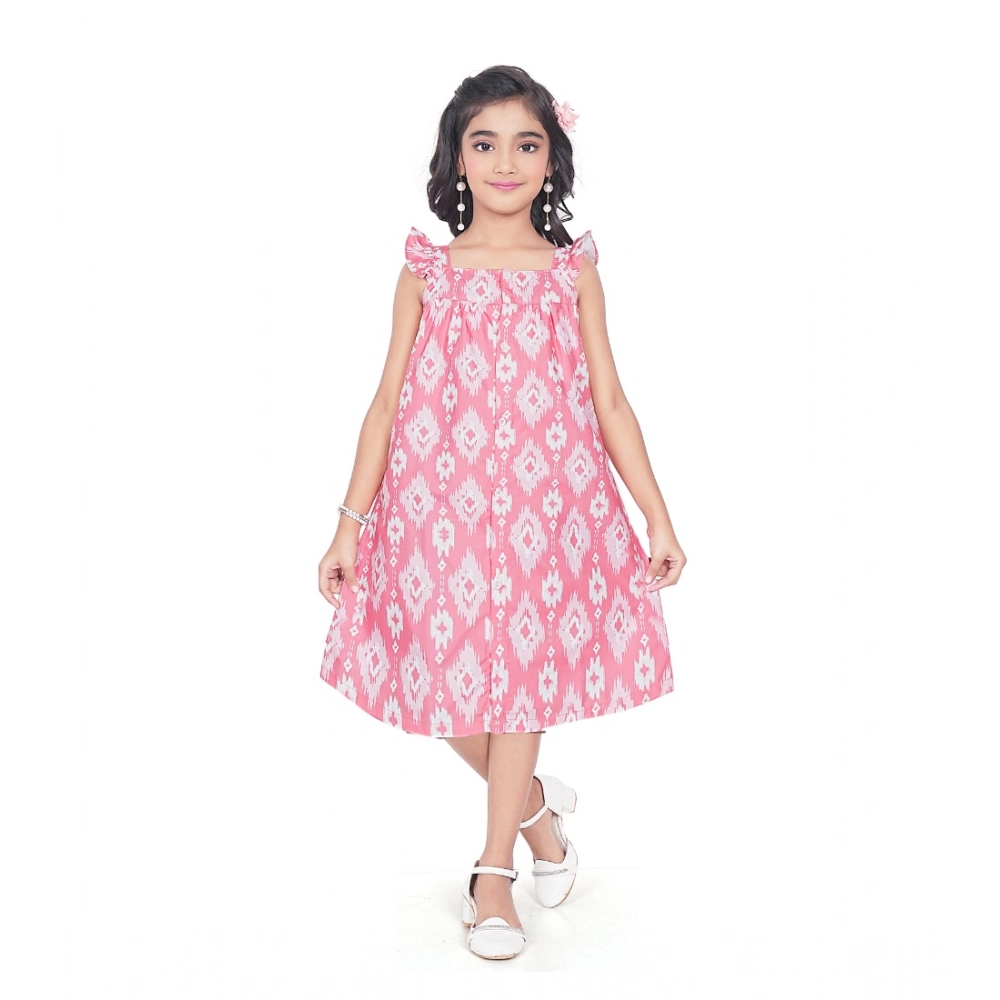 Generic Girl’s Cotton Printed Sleeve Less Squre Neck Dress (Pink)