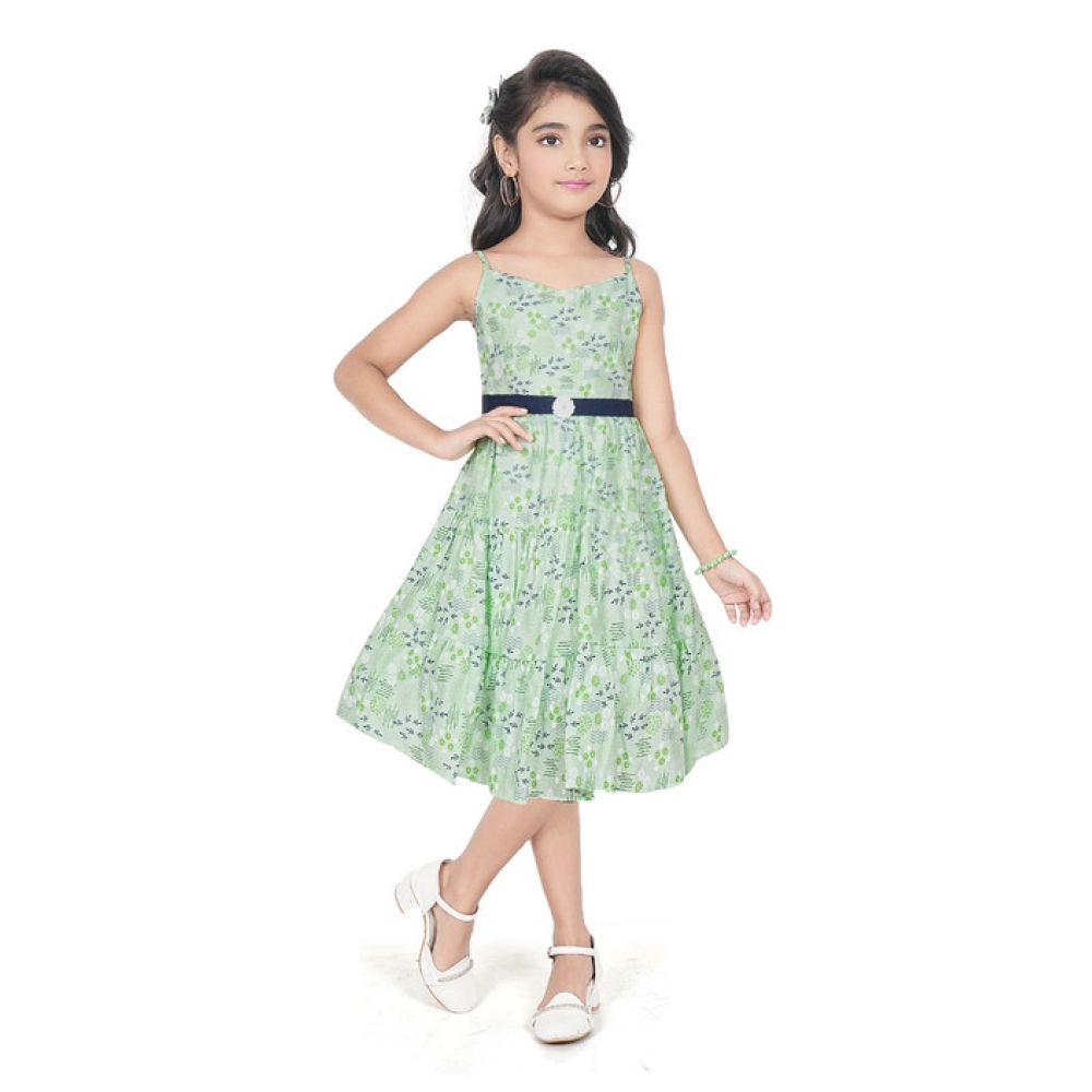 Generic Girl’s Cotton Slub Printed Sleeve Less Round Neck Dress (Sea Green)