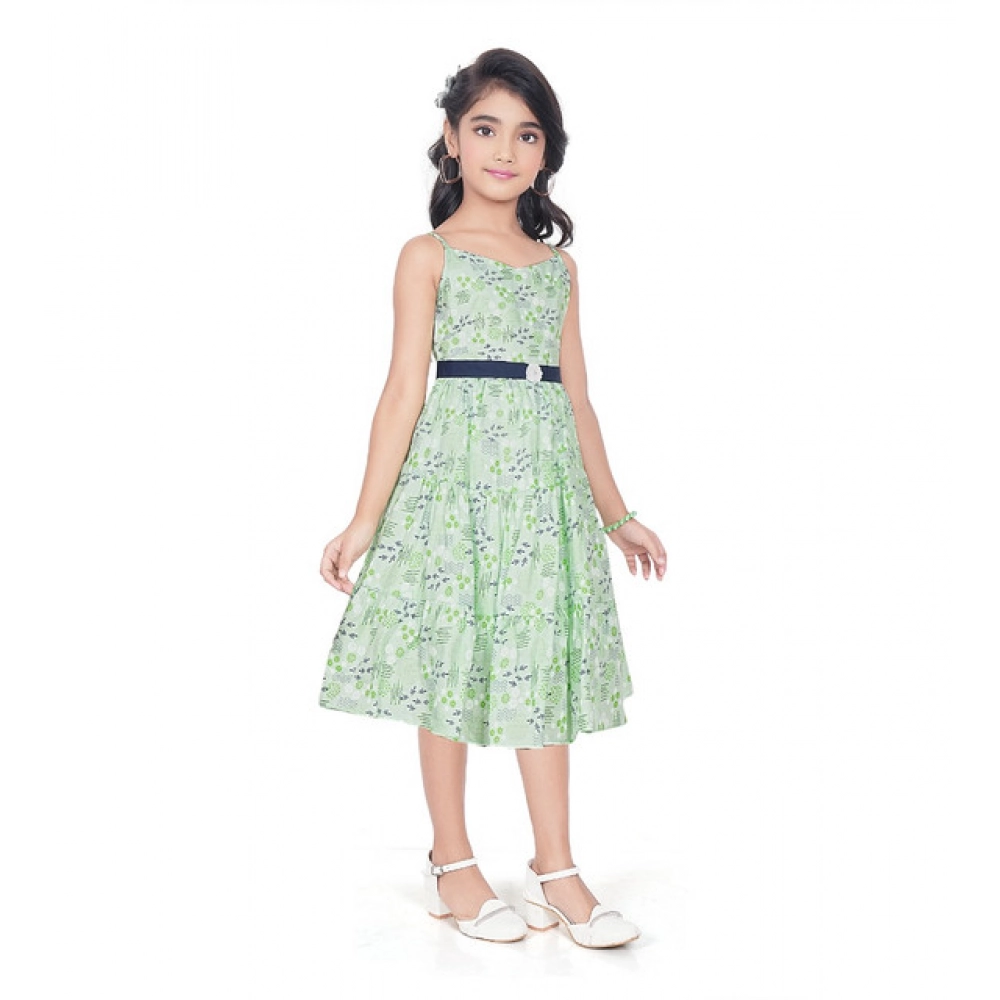 Generic Girl's Cotton Slub Printed Sleeve Less Round Neck Dress (Sea Green) - Image 4