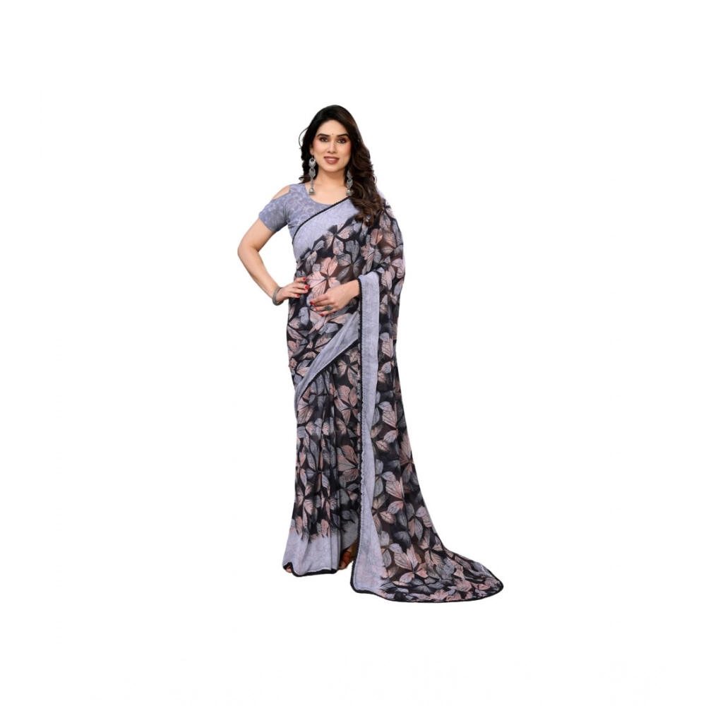 Generic Women’s Chiffon Printed Saree With Unstitched Blouse 5.5Mtr (Grey)