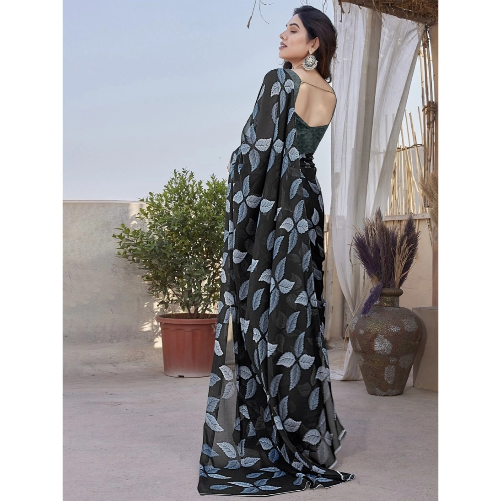 Generic Women's Chiffon Printed Saree With Unstitched Blouse 5.5Mtr (Black) - Image 4