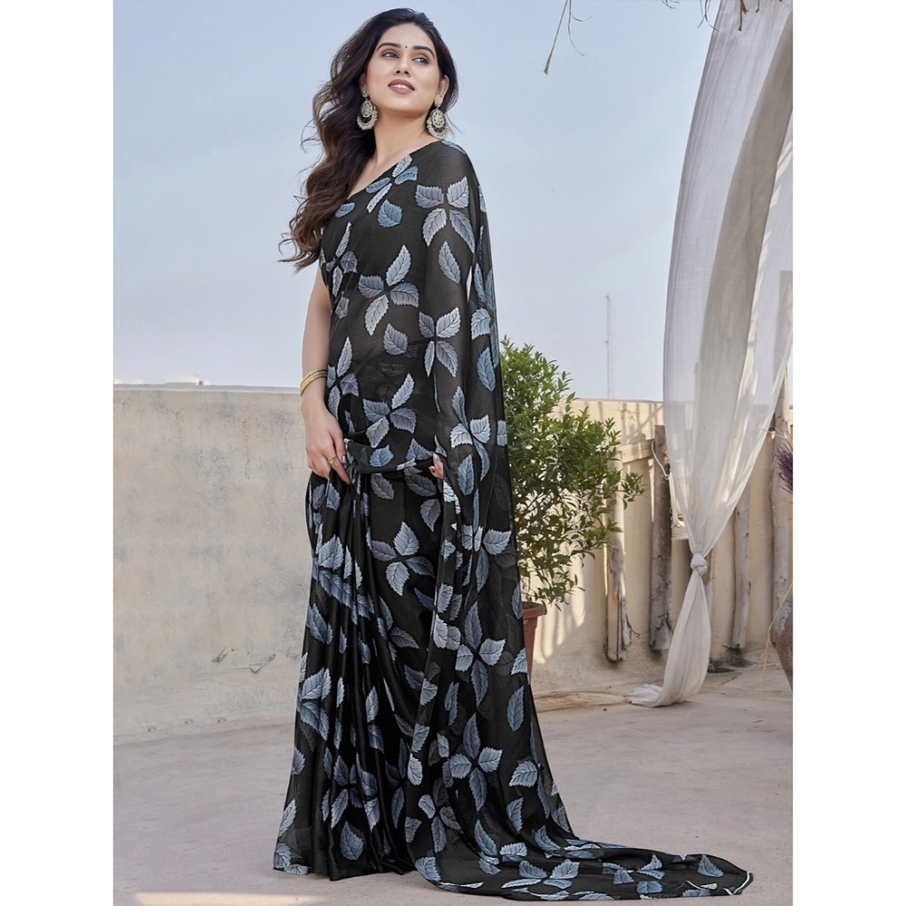 Generic Women's Chiffon Printed Saree With Unstitched Blouse 5.5Mtr (Black) - Image 3