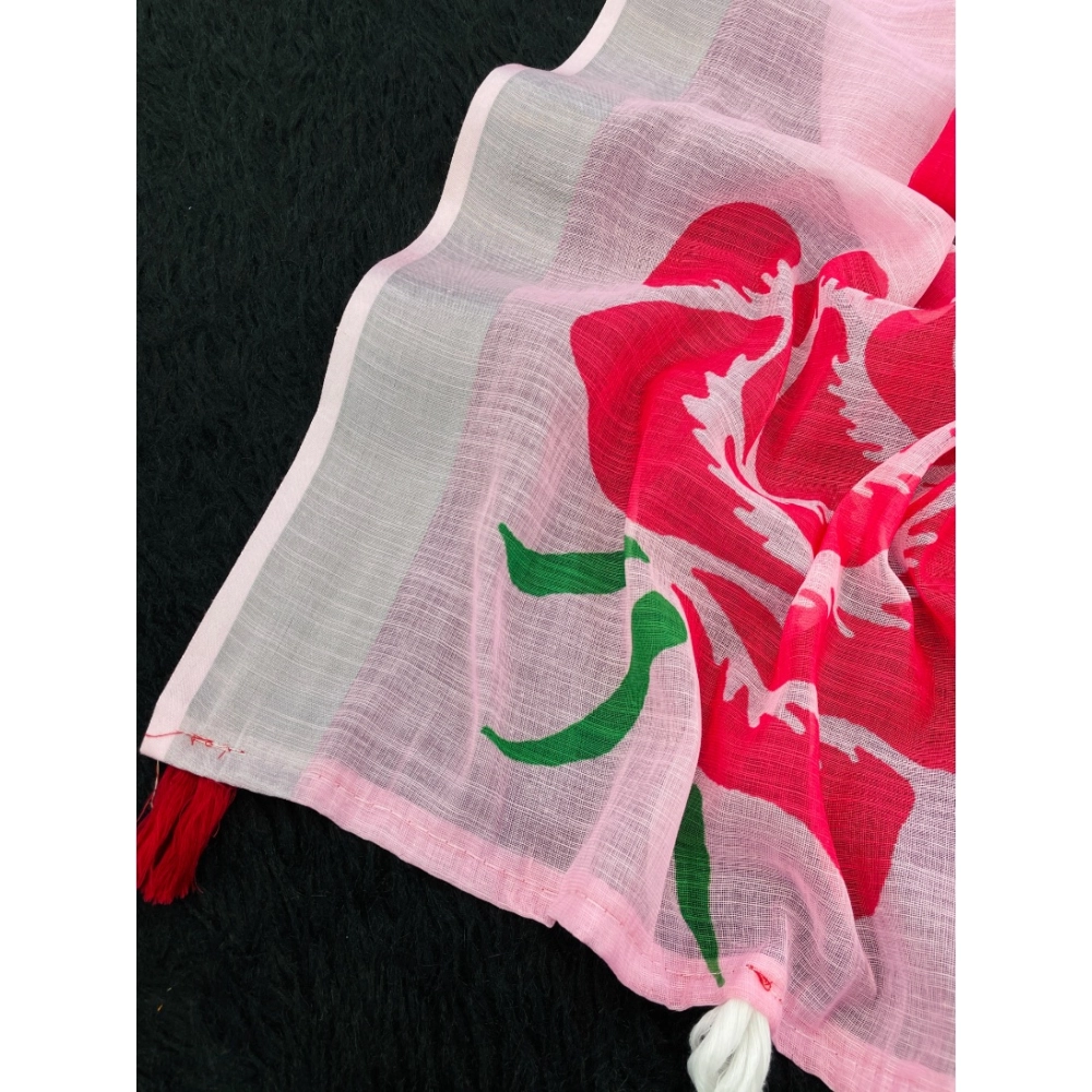 Generic Women's Linen Cotton Printed Saree With Unstitched Blouse 5.5Mtr (Pink) - Image 3
