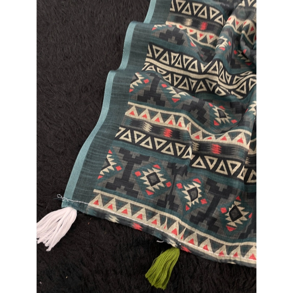 Generic Women's Linen Cotton Printed Saree With Unstitched Blouse 5.5Mtr (Blue) - Image 3