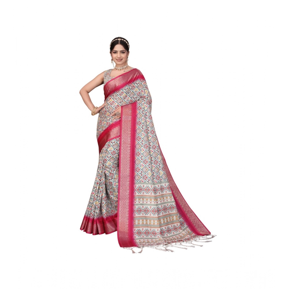 Generic Women’s Cotton Silk  Printed Saree With Unstitched Blouse 5.5Mtr (Pink)