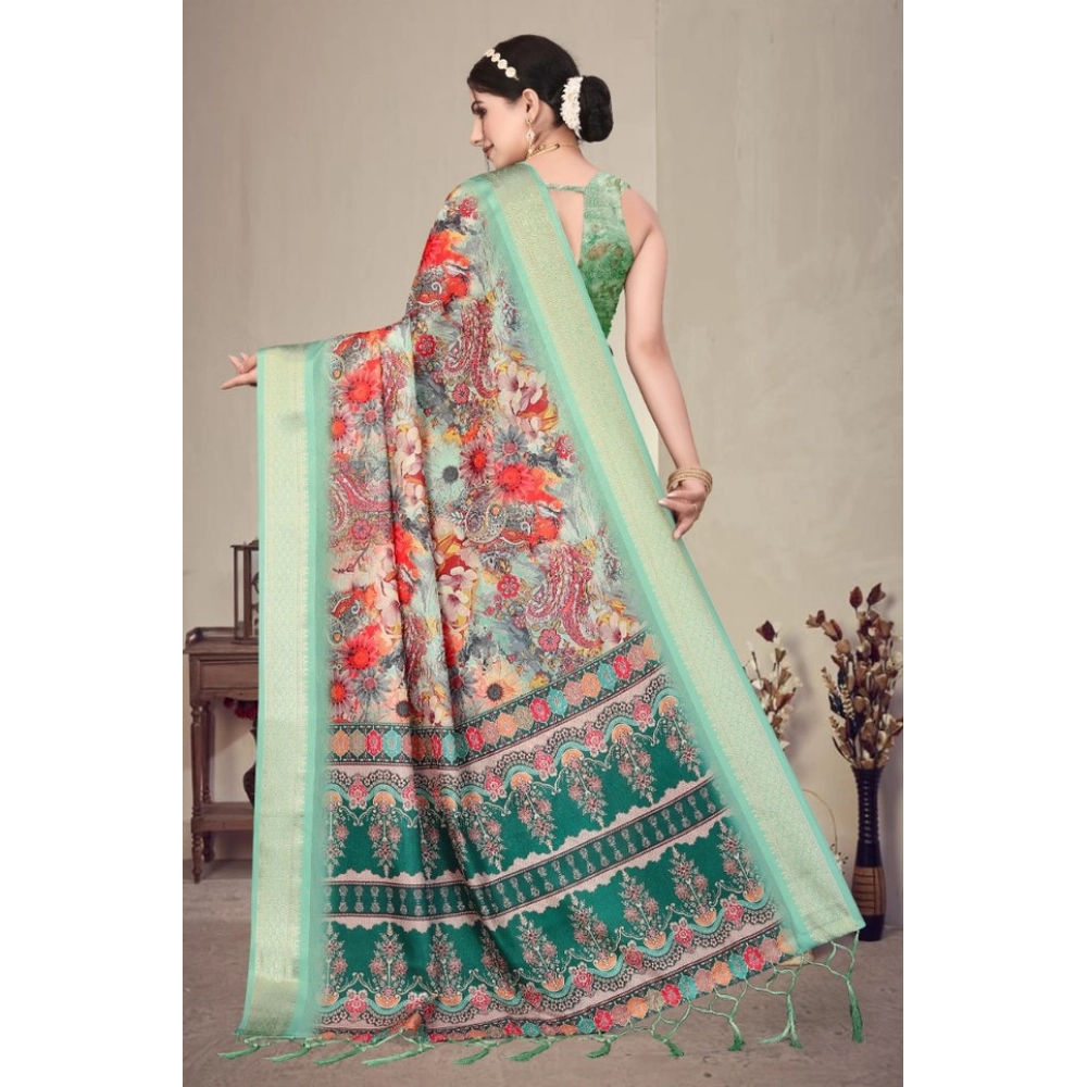 Generic Women's Cotton Silk Printed Saree With Unstitched Blouse 5.5Mtr (Light Green) - Image 4