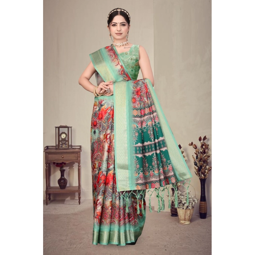 Generic Women's Cotton Silk Printed Saree With Unstitched Blouse 5.5Mtr (Light Green) - Image 3