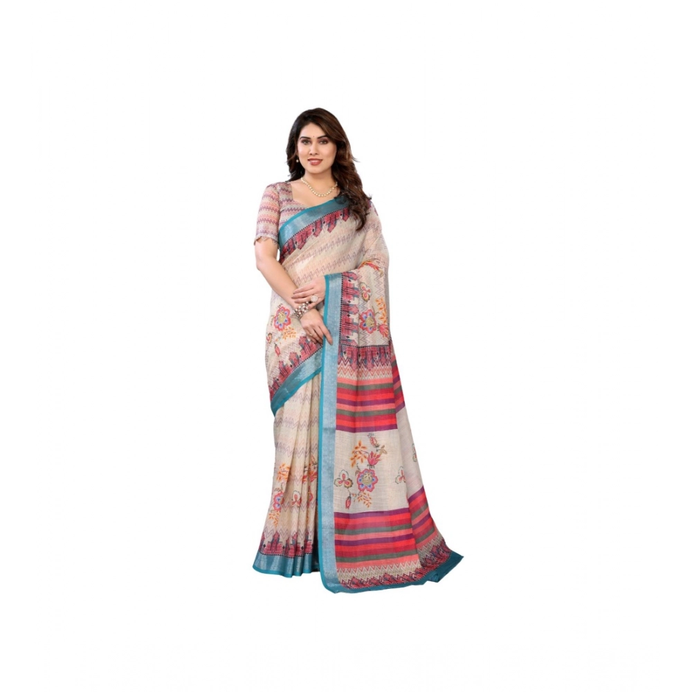 Generic Women’s Linen Cotton  Printed Saree With Unstitched Blouse 5.5Mtr (Cream)