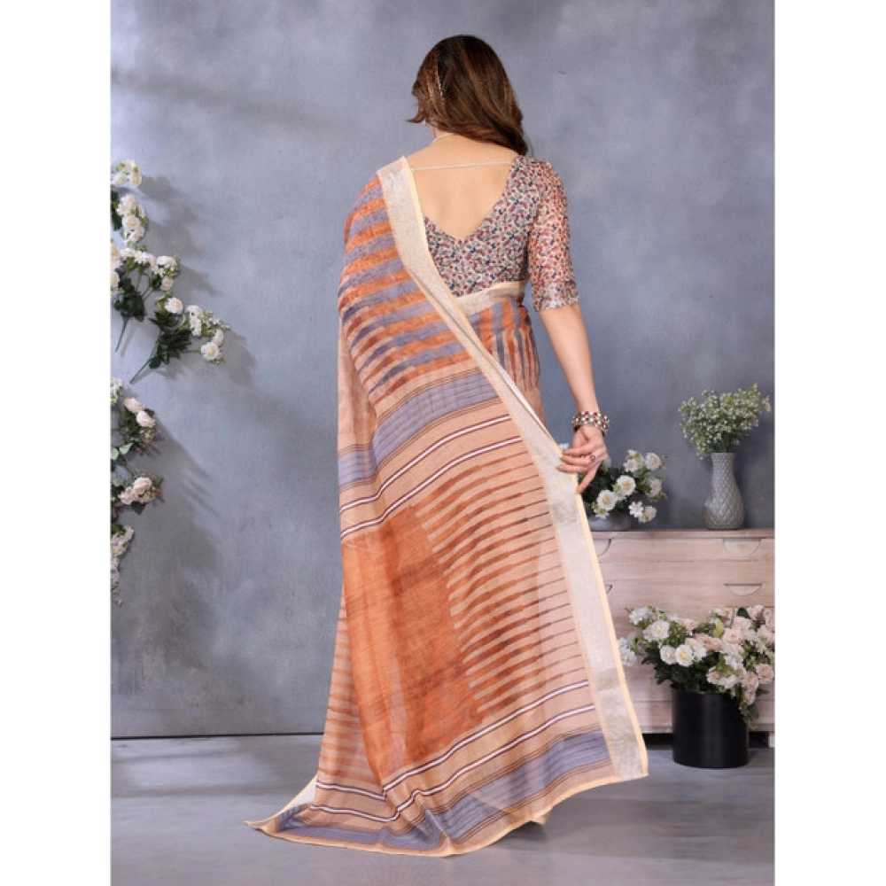 Generic Women's Linen Cotton Printed Saree With Unstitched Blouse 5.5Mtr (Brown) - Image 3