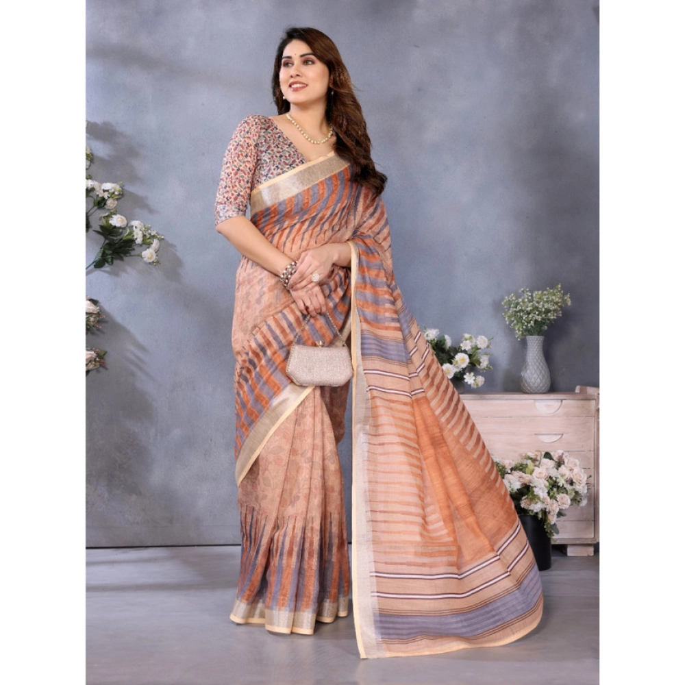 Generic Women's Linen Cotton Printed Saree With Unstitched Blouse 5.5Mtr (Brown) - Image 4