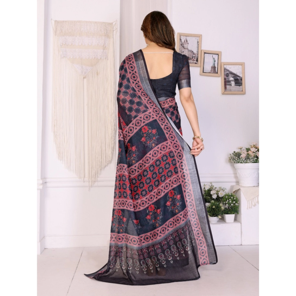 Generic Women's Linen Cotton Printed Saree With Unstitched Blouse 5.5Mtr (Black) - Image 4