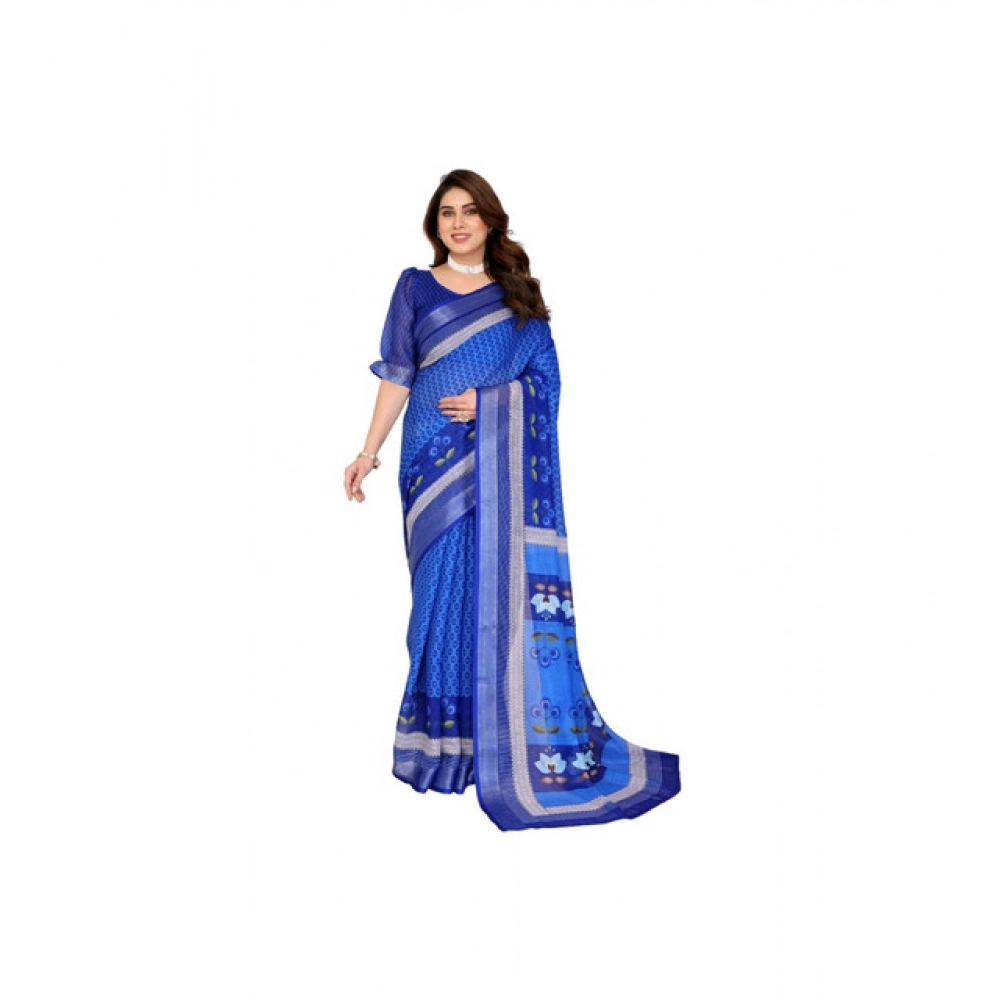 Generic Women’s Linen Cotton  Printed Saree With Unstitched Blouse 5.5Mtr (Blue)