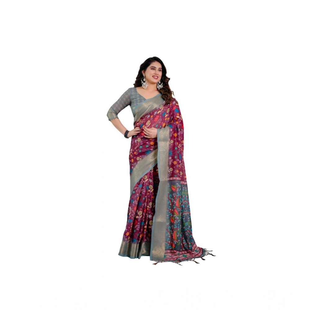 Generic Women’s Linen Printed Saree With Unstitched Blouse 5.5Mtr (Purple)