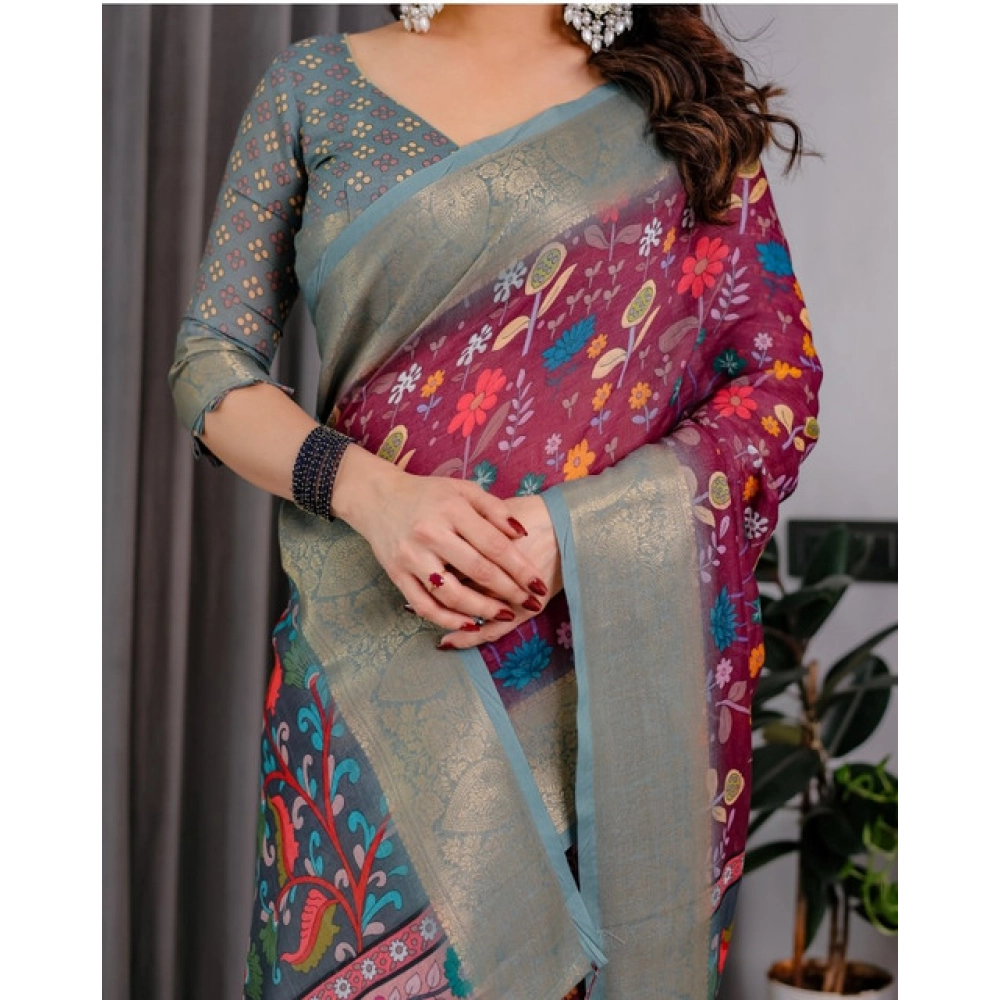 Generic Women's Linen Printed Saree With Unstitched Blouse 5.5Mtr (Purple) - Image 4