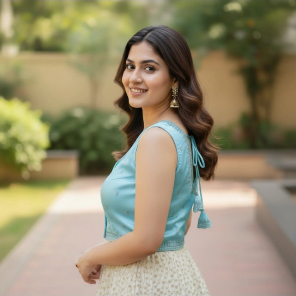 Generic Women's Zimmi Choo Sequin Work V-Neck Padded Blouse (Sky Blue 38 Ready (Self Alterable 36–40) - Image 3