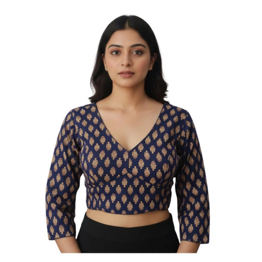 Generic Women's Ajrakh Cotton Printed Halter Neck Padded Blouse (Navy 38 Ready (Self Alterable 36–40)