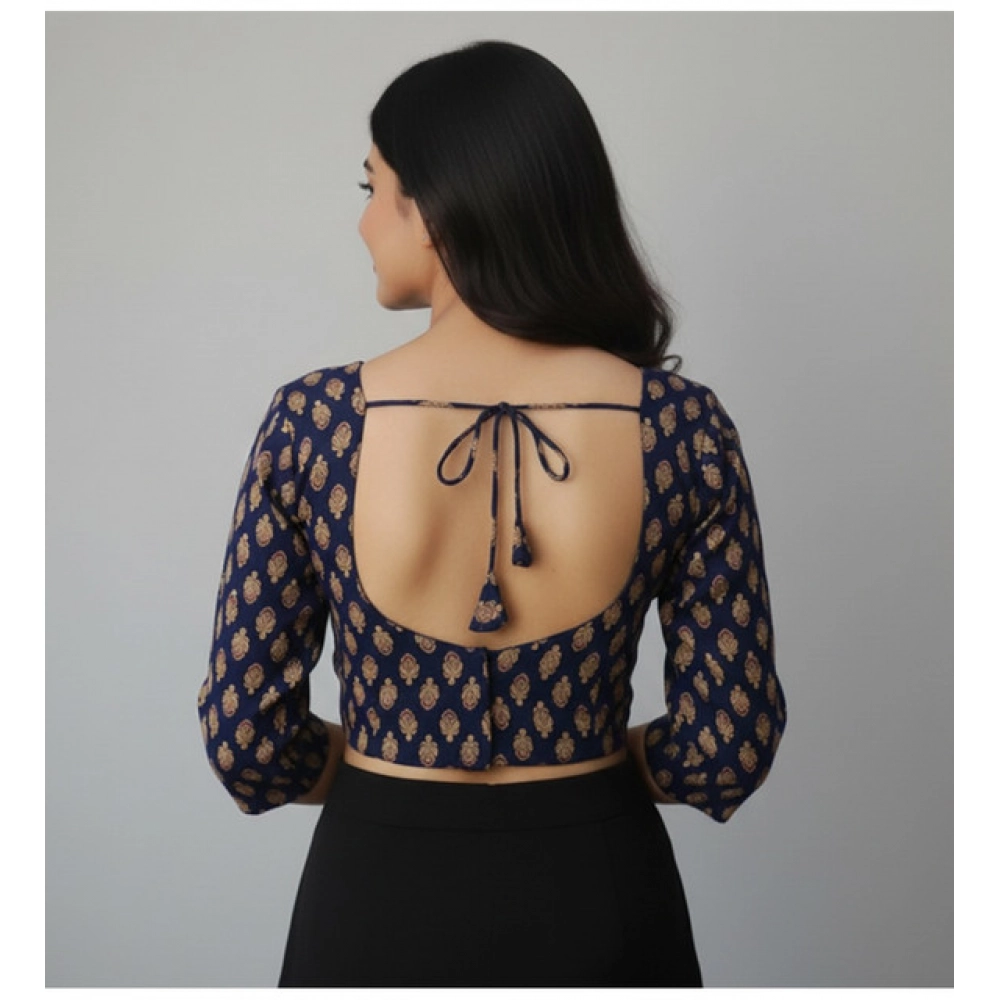 Generic Women's Ajrakh Cotton Printed Halter Neck Padded Blouse (Navy 38 Ready (Self Alterable 36–40) - Image 3