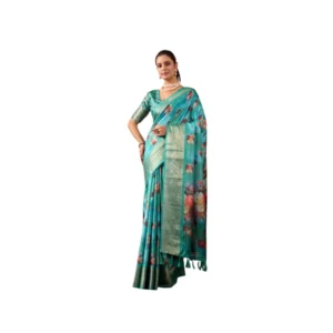 Generic Women's Faux_Silk Printed Saree With Unstitched Blouse 5.5Mtr (Aqua_Blue)