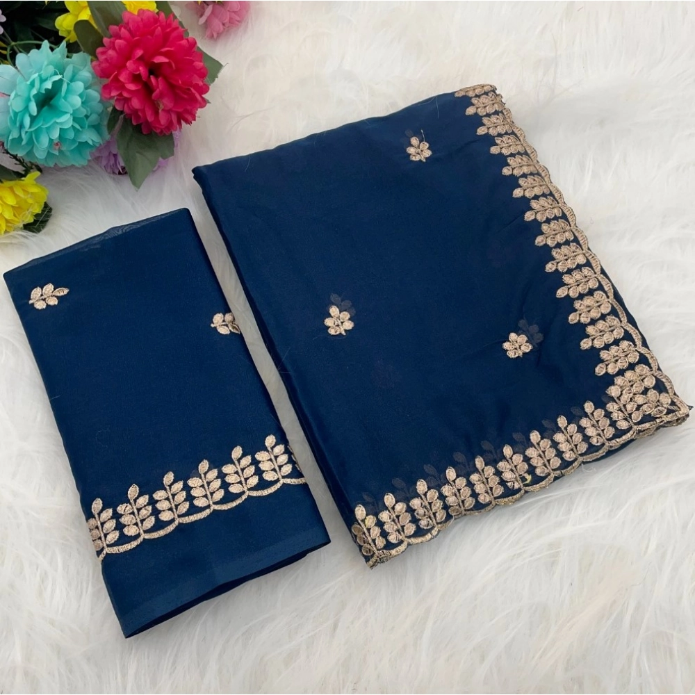 Generic Women’s Georgette Embroidered Saree With Unstitched Blouse 5.5Mtr (Blue)