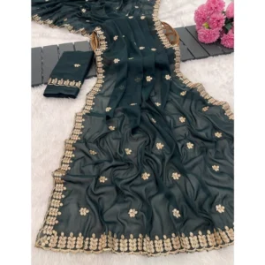 Generic Women's Georgette Embroidered Saree With Unstitched Blouse 5.5Mtr (Teal)
