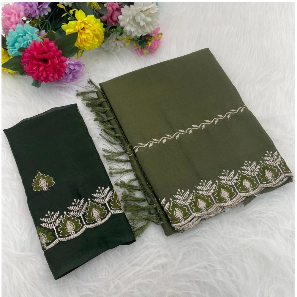 Generic Women's Georgette Embroidered Saree With Unstitched Blouse 5.5Mtr (Mehendi)