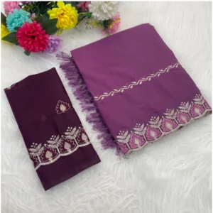 Generic Women's Georgette Embroidered Saree With Unstitched Blouse 5.5Mtr (Purple)