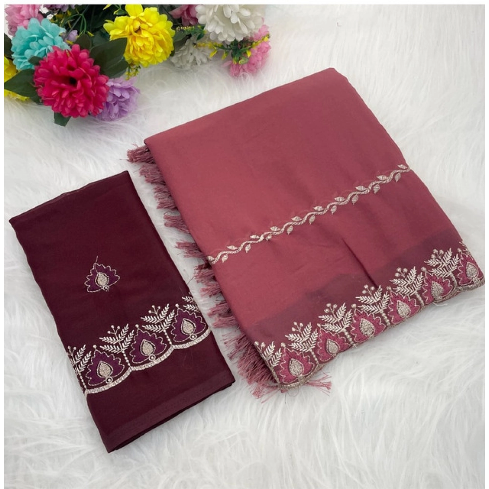 Generic Women’s Georgette Embroidered Saree With Unstitched Blouse 5.5Mtr (Red)