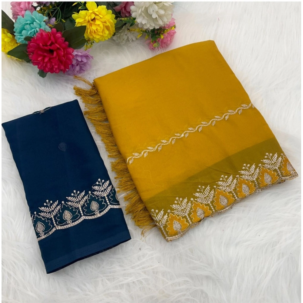 Generic Women's Georgette Embroidered Saree With Unstitched Blouse 5.5Mtr (Yellow)