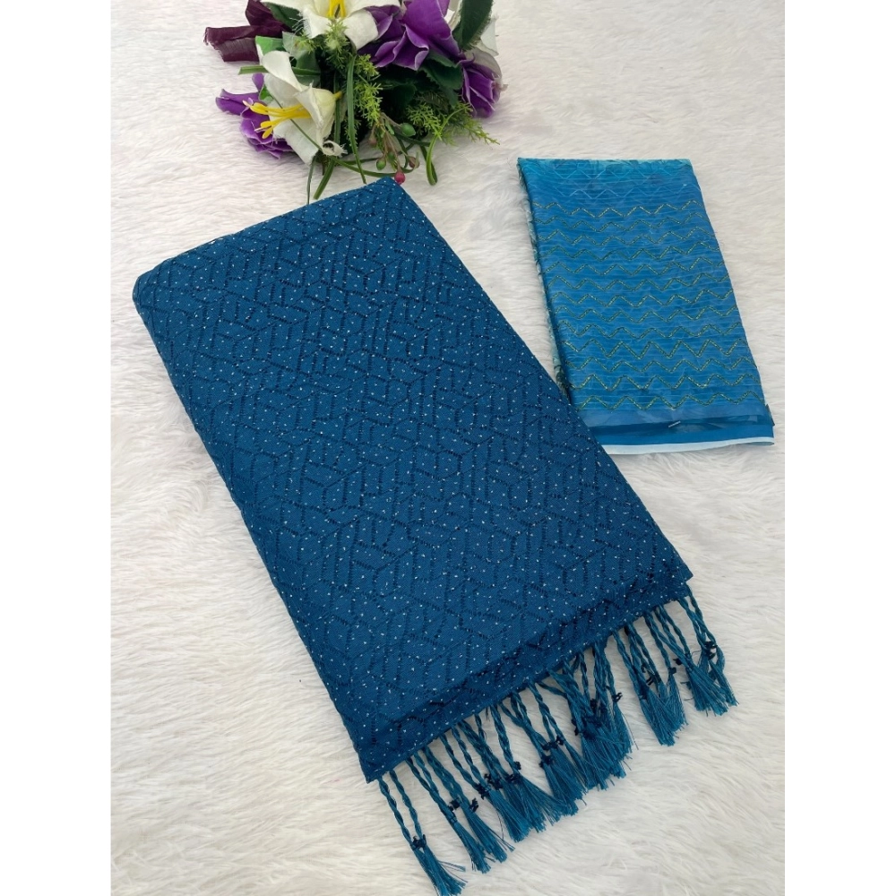 Generic Women's Chiffon Zigzag lines Saree With Unstitched Blouse 5.5Mtr (Blue)